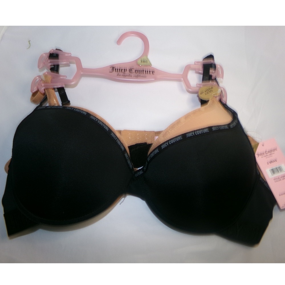 Juicy Couture 2 Pack Push Up Bras Black Tan Logo Band 38C JC6559 NWT